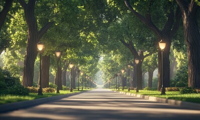 Obraz premium A Scenic Road Leading to the Forest, Lined with Streetlights and Large Trees, Sunny Day 