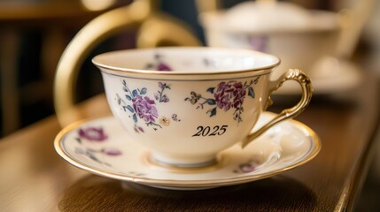 A classic porcelain teacup with the written text "2025" painted on its side.