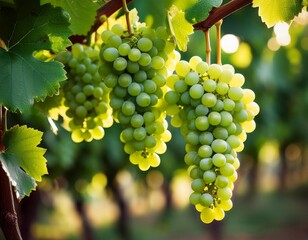 close up of green grapes vitis vinifera hanging on its tree branch