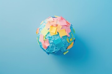 Colorful globe made of crumpled paper and sticky notes, symbolizing communication and collaboration. Creative concept of global connections and information sharing.