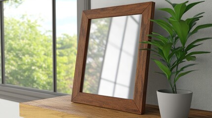 Fototapeta premium Wooden Frame Mirror Reflecting Natural Light in Modern Interior