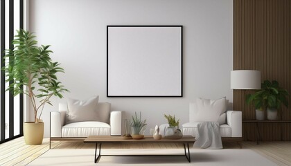 3d rendering of mock up interior design for living room with picture frame on white wall