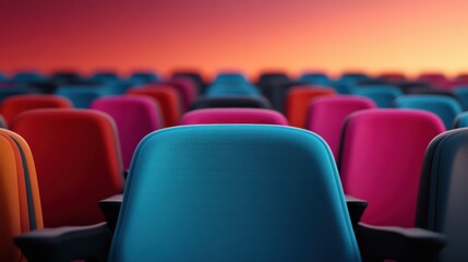 Obraz premium Colorful Rows of Modern Office Chairs in a Blurred Background with a Soft Gradient Sunset, Reflecting a Vibrant and Inviting Workspace Atmosphere