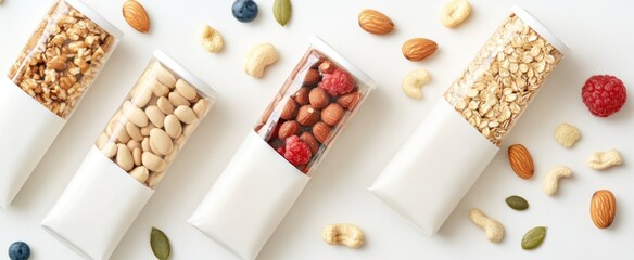 Healthy snack bars with nuts, berries, and oats on a white background