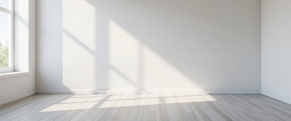 Fototapeta premium Empty minimalist room with sunlight streaming through window with copy space