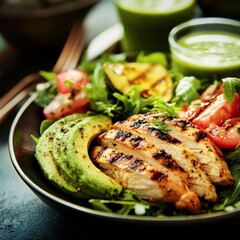 A vibrant salad features grilled chicken slices, ripe avocado, and assorted fresh vegetables. The meal is beautifully presented in a rustic bowl, capturing a fresh, healthy dining experience