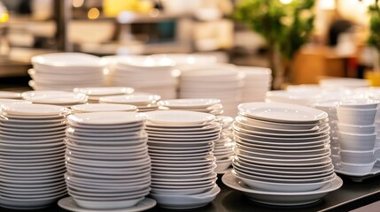 Stacked white plates in a dining setting for food service.