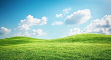 Fototapeta premium Serene landscape of rolling green hills under a clear blue sky, with fluffy white clouds and vibrant grass. 