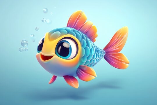 Cute cartoon fish swimming and blowing bubbles in the ocean