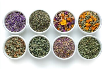 Elegant Arrangement of Herbal Blends in Mortars with Flowers on a Pristine White Canvas