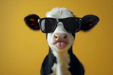 calf wearing sunglasses and sticking out its tongue, minimalist design, simple light background, soft, even lighting