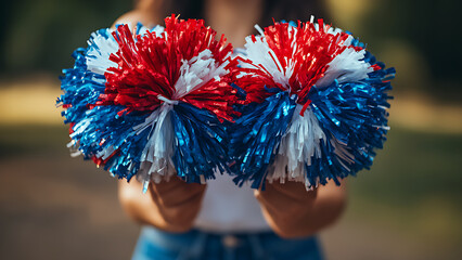 Red, white and blue pom-poms held guide style, with copy space, no faces visible, very detailed, close up.