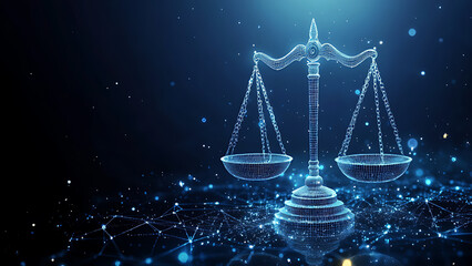  Scales of justice and judge set in light blue futuristic monochrome style on technology background.