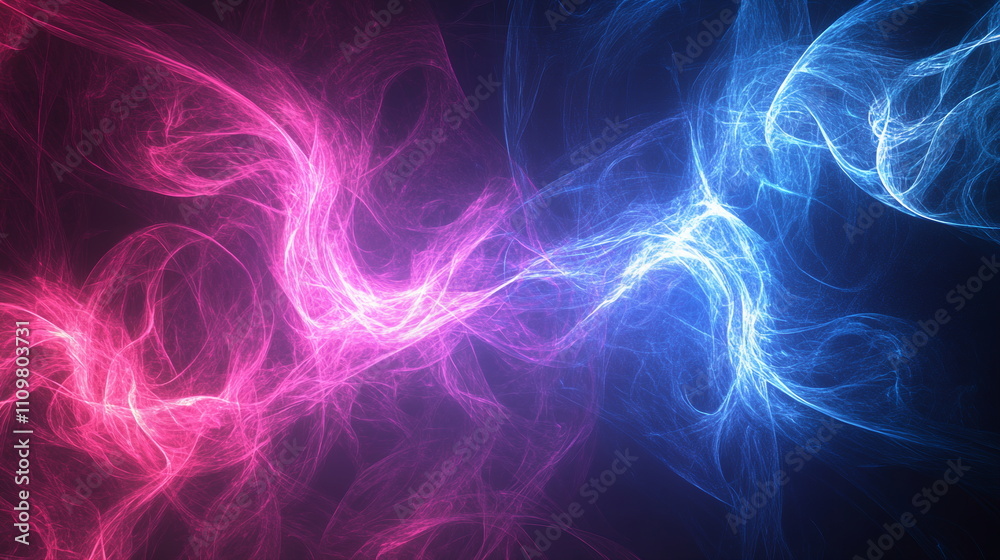Fototapete Neon fractal design. Intricate patterns of light in electric blue and pink. Depth and motion captured in abstract forms. Horizontal element for festive party, seminar talks, social media post