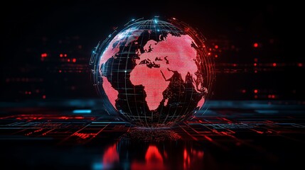 3D globe with Russia highlighted in a vibrant color, glowing red neon, the rest of the world in muted grayscale tones. Futuristic design with a cyberpunk aesthetic
