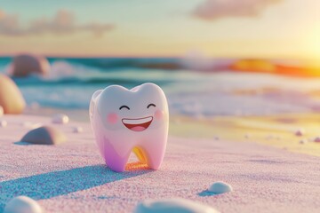 A cheerful tooth character relaxes on a sandy beach, surrounded by smooth pebbles and sparkling waves, capturing the essence of summer joy and dental health