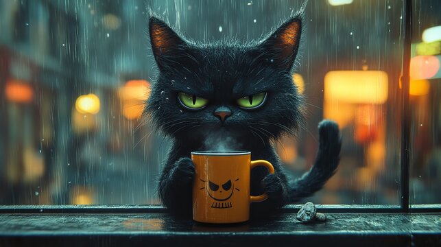 This whimsical animated image features a grumpy black cat holding a mug with steam on a rainy day, creating a cozy yet humorous atmosphere.