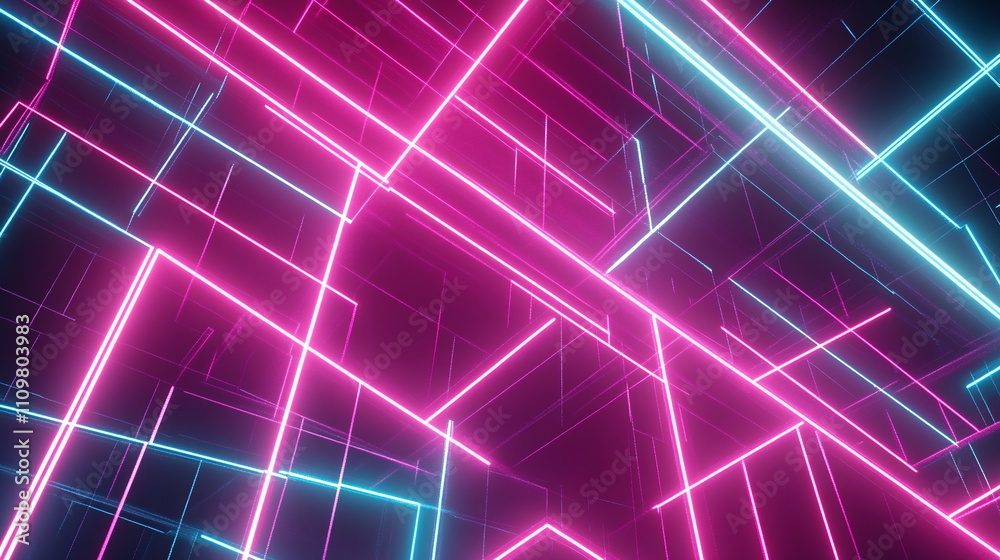 Fototapete Neon light grid. Intersecting lines in bright magenta and teal. Futuristic pattern creating an illusion of depth. Horizontal element for festive party, seminar talks, social media post