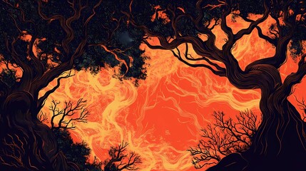 Fantasy forest illustration merging intricate pyrography designs with modern digital drawing for a captivating and surreal composition.