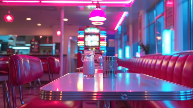 Retro diner interior with red booths, neon lights, and a table set with milk.