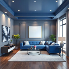 Fototapeta premium Interior of modern living room with blue armchair and coffee tables. Home design. 3d rendering
