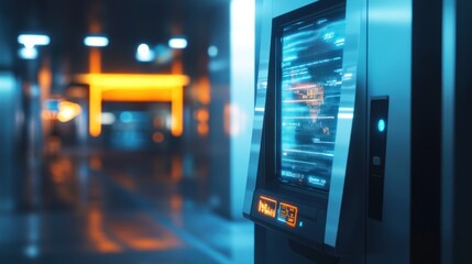 Obraz premium Futuristic digital kiosk displaying global data in a modern city setting at night.