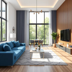 Fototapeta premium Interior of modern living room with blue armchair and coffee tables. Home design. 3d rendering