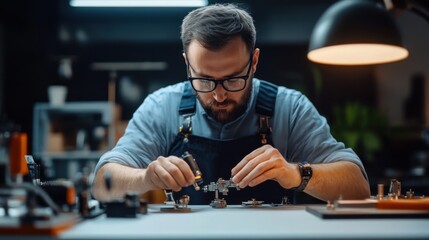 Focused Male Technician Assembles Small Mechanical Parts in Modern Workshop With Bright Lighting and Organized Tools on a Clean Workbench, Highlighting Precision and Craftsmanship