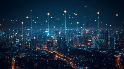 Obraz premium A smart city skyline at night, featuring a network of digital light nodes above, symbolizing connectivity, modern infrastructure, and urban intelligence.