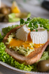 breakfast toast with poached egg, avocado and lettuce