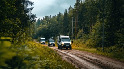Obraz premium Vehicles on a Forest Road Surrounded by Nature