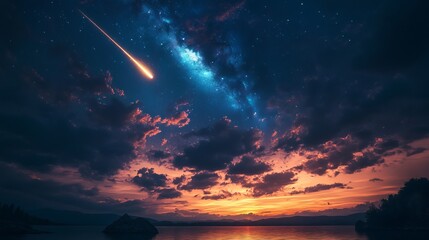 Obraz premium A meteor streaks across a stunning sunset sky, bringing vibrant hues and a sense of wonder to a beautiful landscape, creating a breathtaking celestial scene.