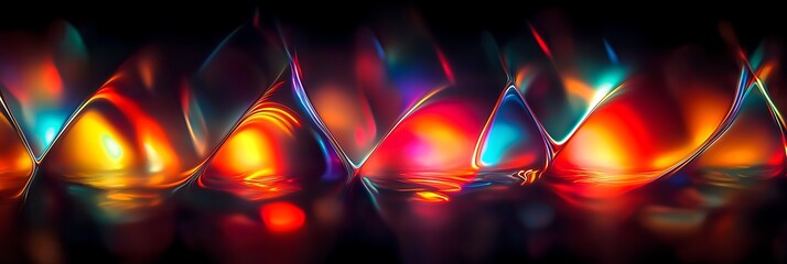 Abstract light refraction and prism reflections creating vivid, colorful shapes and patterns on a dark background, blending geometric forms with vibrant neon light effects