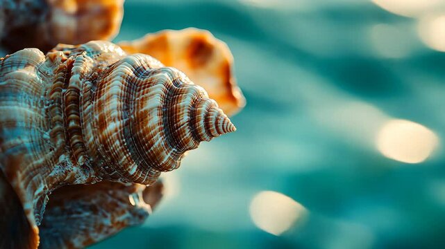 Colorful shell resting on a rock by the calm sea during a sunny day in a coastal area