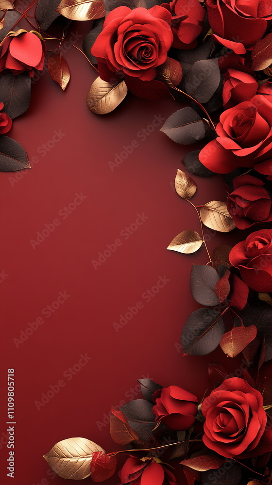 Fototapete deep red valentine's day scene with faint outlines of roses and kisses around the border, leaving a 