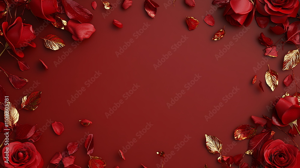 Fototapete deep red valentine's day scene with faint outlines of roses and kisses around the border, leaving a 