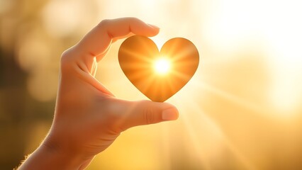 Fototapeta premium Hand holding heart figure with glowing sunlight rays