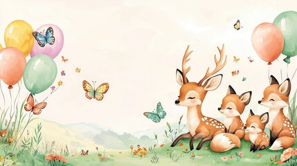 Fototapeta premium Whimsical Woodland Scene with Deer Family, Butterflies, and Balloons in a Serene Nature Setting