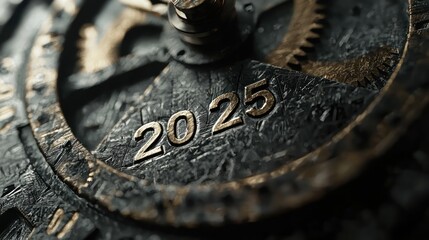 A clockwork mechanism where gears are engraved with the written text "2025".