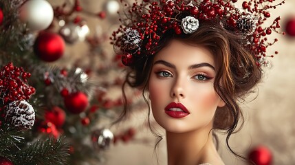 A beautiful woman fashion model showcasing creative Christmas ball hairstyles, promoting winter seasonal offers.