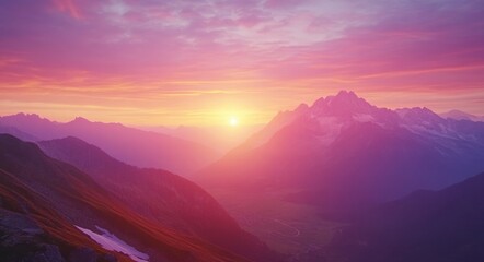 Fototapeta premium Breathtaking Dawn: A Panoramic View of a Colorful Sunrise Over Majestic Mountains, Symbolizing Awakening and Emotional Joy in Everyday Life