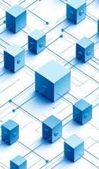 Simple Flat Illustration of Blockchain with Isometric Pattern, Blue Color Theme, Geometric Blocks with Sharp Edges and Rounded Corners, Single Cube Adding Nodes to the Chain.