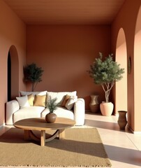 Obraz premium Mediterranean home interior design of modern living room. Terracotta walls, a white linen sofa, wooden coffee table.