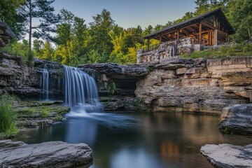 Serene Water Cascade: A Tranquil Stream Flowing Over Rocks in a Nature Landscape