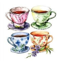 Fototapeta premium Whimsical Collection of Watercolor Tea Cups Perfect for Celebrations and Stationery Design