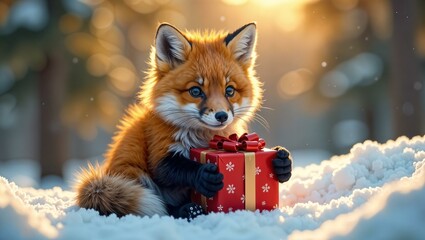 Obraz premium A red fluffy fox holds a red gift in its paws. The fox sits in the winter forest on the snow. The morning sun illuminates in backlight.