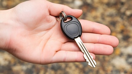 Hand holding a car key with a key ring.