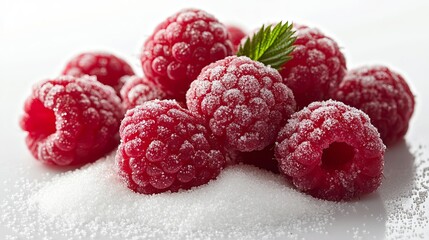 A cluster of bright raspberries is showcased with a light dusting of sugar and a single green leaf,...