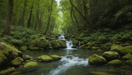 Obraz premium Serene forest stream with cascading water and moss-covered rocks surrounded by lush greenery
