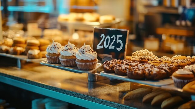 A bakery display with cookies and cupcakes arranged to spell the written text "2025".